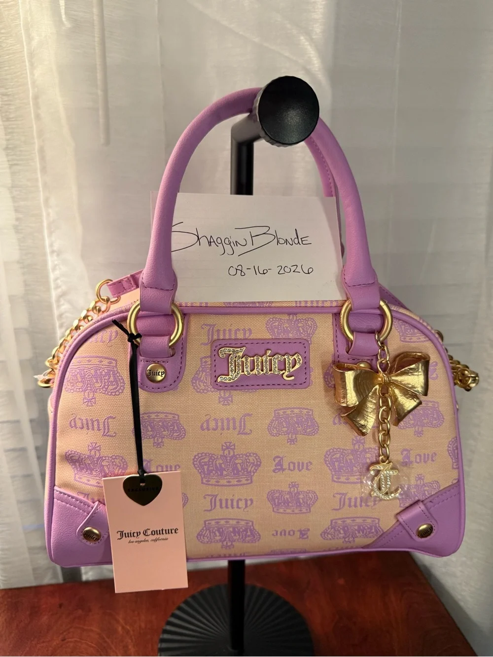NWT Juicy Couture Pink Diamond/Violet Vintage Couture Bowler with Gold Bow Charm